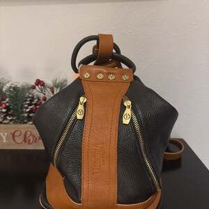 Valentina Black/Tan Italian Leather Large Convertible Sling Backpack